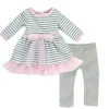 Kids Teamson Sophia’s Long-Sleeved Striped Knit Dress with Tulle Accents, Headband, Metallic Leggings for 18" Dolls, Gray/White/Pink