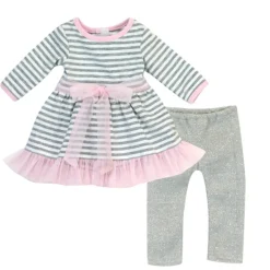 Kids Teamson Sophia’s Long-Sleeved Striped Knit Dress with Tulle Accents, Headband, Metallic Leggings for 18" Dolls, Gray/White/Pink