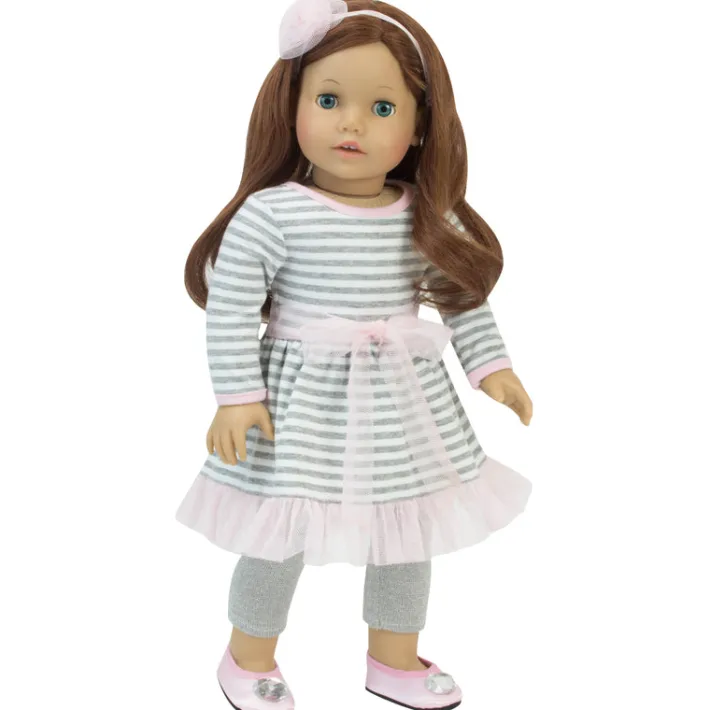 Kids Teamson Sophia’s Long-Sleeved Striped Knit Dress with Tulle Accents, Headband, Metallic Leggings for 18" Dolls, Gray/White/Pink