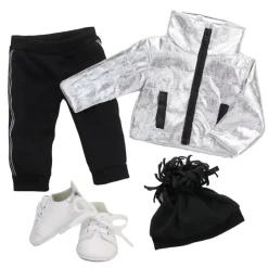 Kids Teamson Sophia's Metallic Zip-Up Jacket, Black Side Stripe Joggers, Sneakers, & Pom Pom Hat for 18" Dolls, Silver/Black- FINAL SALE
