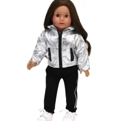 Kids Teamson Sophia's Metallic Zip-Up Jacket, Black Side Stripe Joggers, Sneakers, & Pom Pom Hat for 18" Dolls, Silver/Black- FINAL SALE