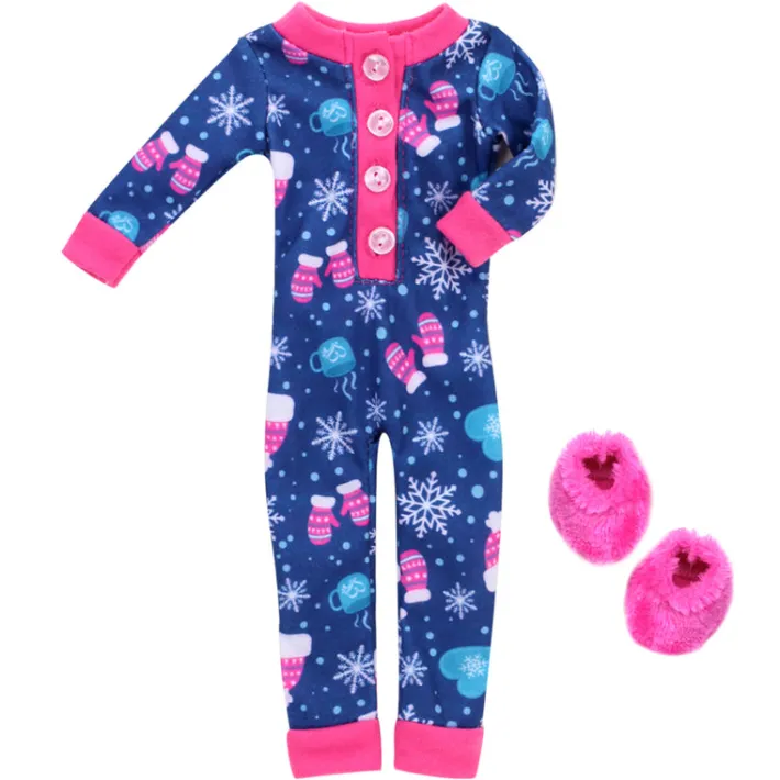 Kids Teamson Sophia's One-Piece Winter Pajamas and Slippers for 14.5" Dolls, Blue/Hot Pink