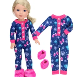 Kids Teamson Sophia's One-Piece Winter Pajamas and Slippers for 14.5" Dolls, Blue/Hot Pink