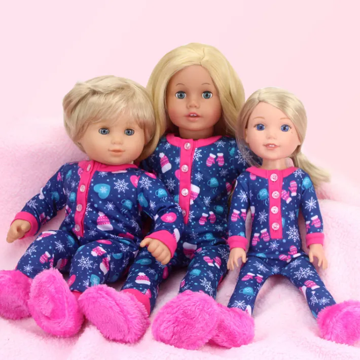 Kids Teamson Sophia's One-Piece Winter Pajamas and Slippers for 14.5" Dolls, Blue/Hot Pink