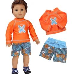 Kids Teamson Sophia's Orange Surf Shirt and Blue/Gray Floral Swim Trunks for 18" Dolls