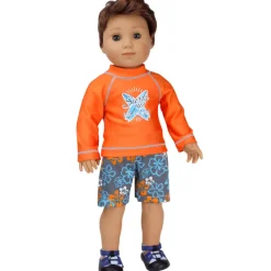 Kids Teamson Sophia's Orange Surf Shirt and Blue/Gray Floral Swim Trunks for 18