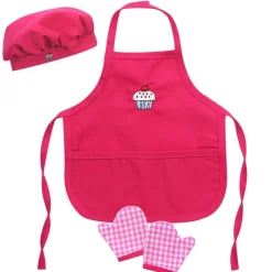 Kids Teamson Sophia's 3-Piece Embroidered Apron and Hat and Gingham Oven Mitts for 18" Dolls, Hot Pink- FINAL SALE
