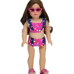 Kids Teamson Sophia's 2-Piece Hot Pink Print Swimsuit with Navy Ruffled Trim for 18" Dolls- FINAL SALE