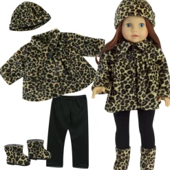 Kids Teamson Sophia’s 4-Piece Leopard Print Coat, Hat, and Boots with Black Leggings for 18" Dolls, Multi