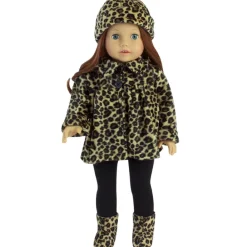 Kids Teamson Sophia’s 4-Piece Leopard Print Coat, Hat, and Boots with Black Leggings for 18