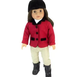 Kids Teamson Sophia's 5-Piece Riding Outfit with Red Riding Jacket, Tan Riding Pants, Black Boots and Riding Cap with White Scarf for 18