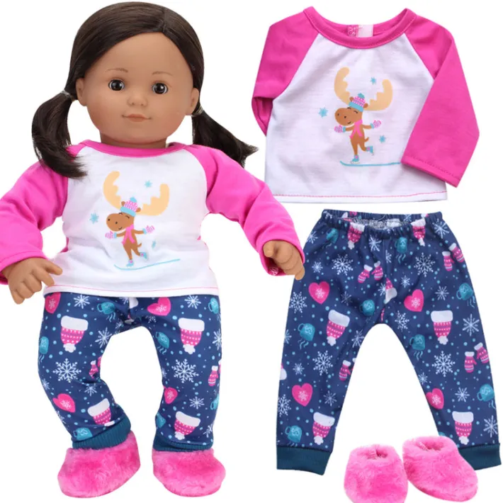 Kids Teamson Sophia's 3-Piece Skating Moose Pajama Set for 15" Baby Dolls, Pink/Navy/White