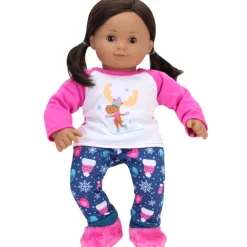 Kids Teamson Sophia's 3-Piece Skating Moose Pajama Set for 15" Baby Dolls, Pink/Navy/White