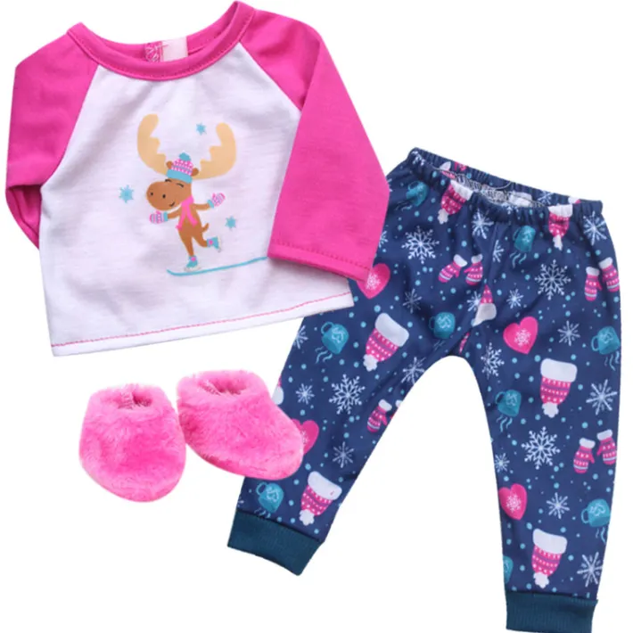 Kids Teamson Sophia's 3-Piece Skating Moose Pajama Set for 15" Baby Dolls, Pink/Navy/White