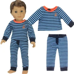 Kids Teamson Sophia’s 2-Piece Striped Pajama Top and Pants for 18" Dolls, Light Blue/Navy