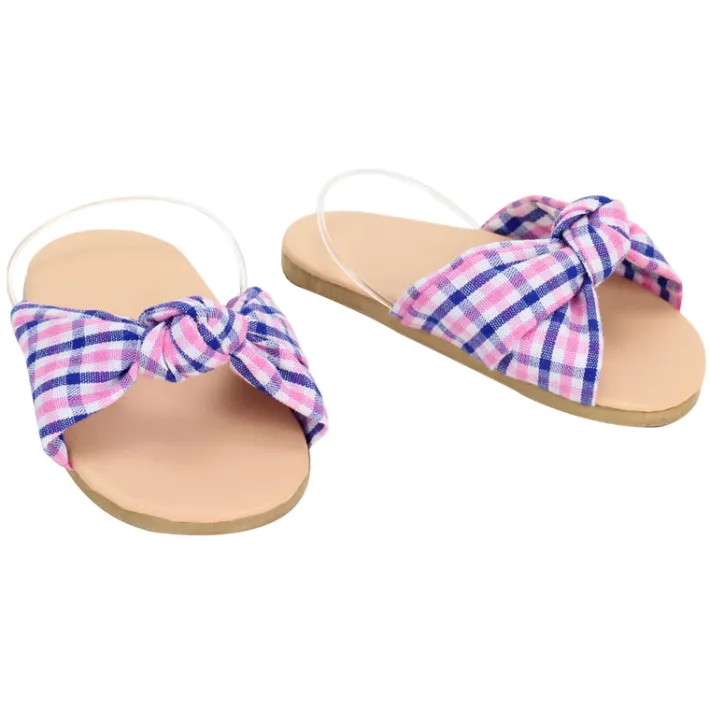 Kids Teamson Sophia's Plaid Fabric Knot Sandal for 18" Dolls, Pink/Blue- FINAL SALE