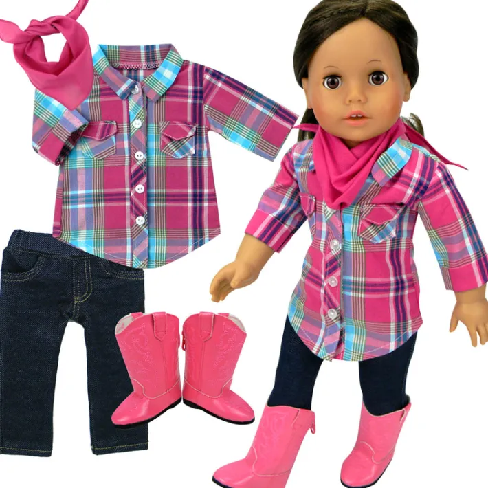 Kids Teamson Sophia’s Plaid Western Shirt, Jeggings, Bandana, and Boots for 18" Dolls, Multi