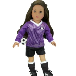 Kids Teamson Sophia’s Purple Long-Sleeved V-Neck Jersey, Black Shorts, and Ball for 18” Dolls