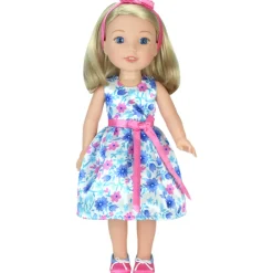 Kids Teamson Sophia's Satin Floral Dress and Shoes for 14.5" Dolls, Pink/Blue- FINAL SALE