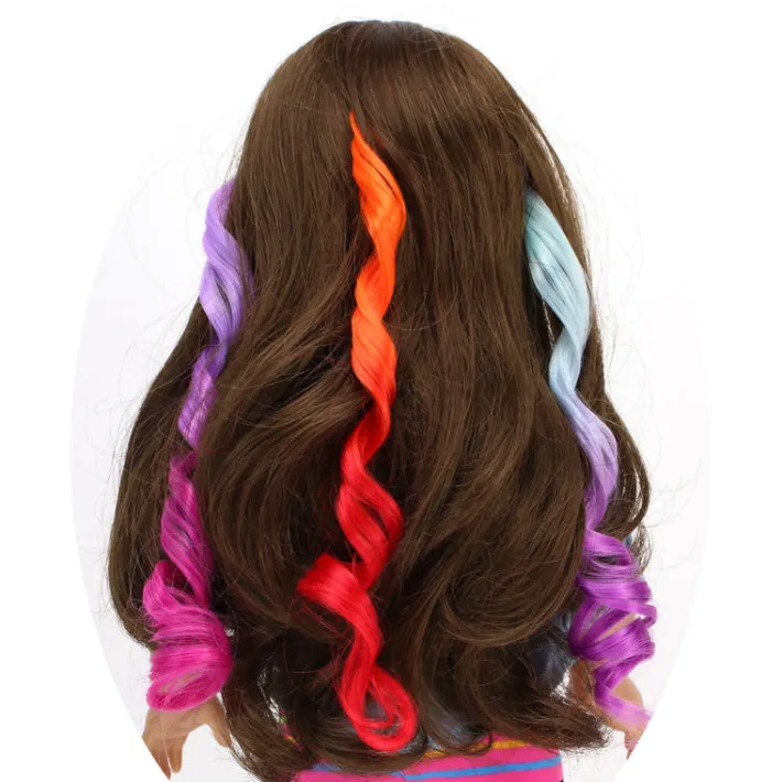 Kids Teamson Sophia’s Set of 3 Dress Up Fun Long Curly Colorful Ombre Rainbow Clip-In Hair Extensions for 18” Dolls, Aqua/Orange/Lavender