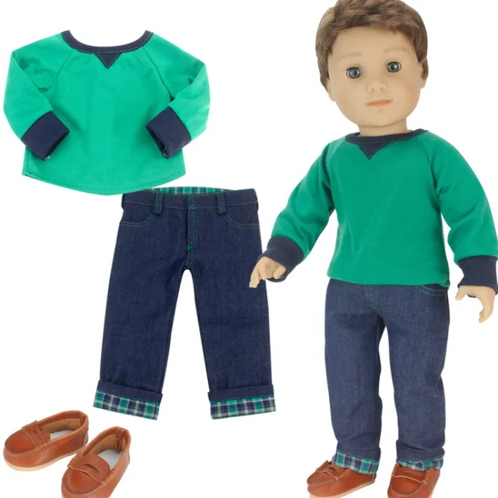 Kids Teamson Sophia’s Shirt, Jeans, and Penny Loafers Set for 18" Boy Dolls, Multi