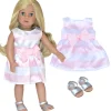 Kids Teamson Sophia's Stripe Satin Party Dress with Silver Sandals for 18" Dolls, Pink/White- FINAL SALE