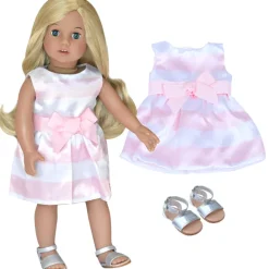 Kids Teamson Sophia's Stripe Satin Party Dress with Silver Sandals for 18" Dolls, Pink/White- FINAL SALE