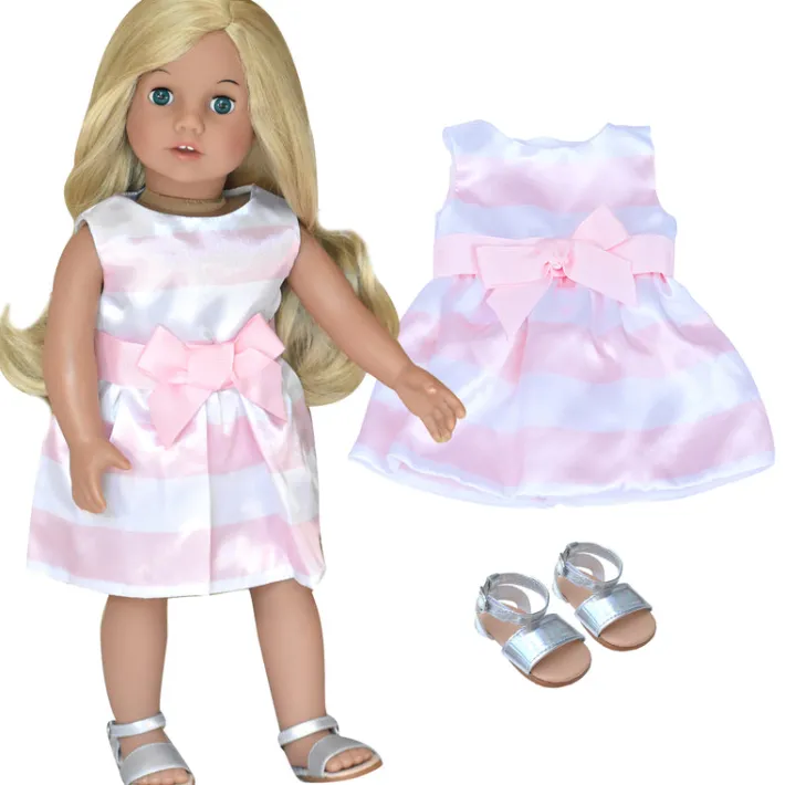 Kids Teamson Sophia's Stripe Satin Party Dress with Silver Sandals for 18" Dolls, Pink/White- FINAL SALE