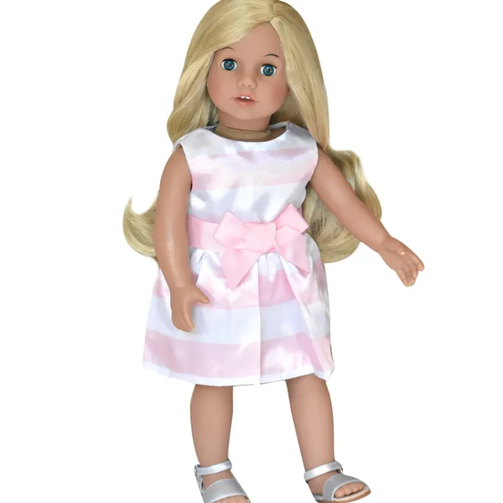Kids Teamson Sophia's Stripe Satin Party Dress with Silver Sandals for 18" Dolls, Pink/White- FINAL SALE