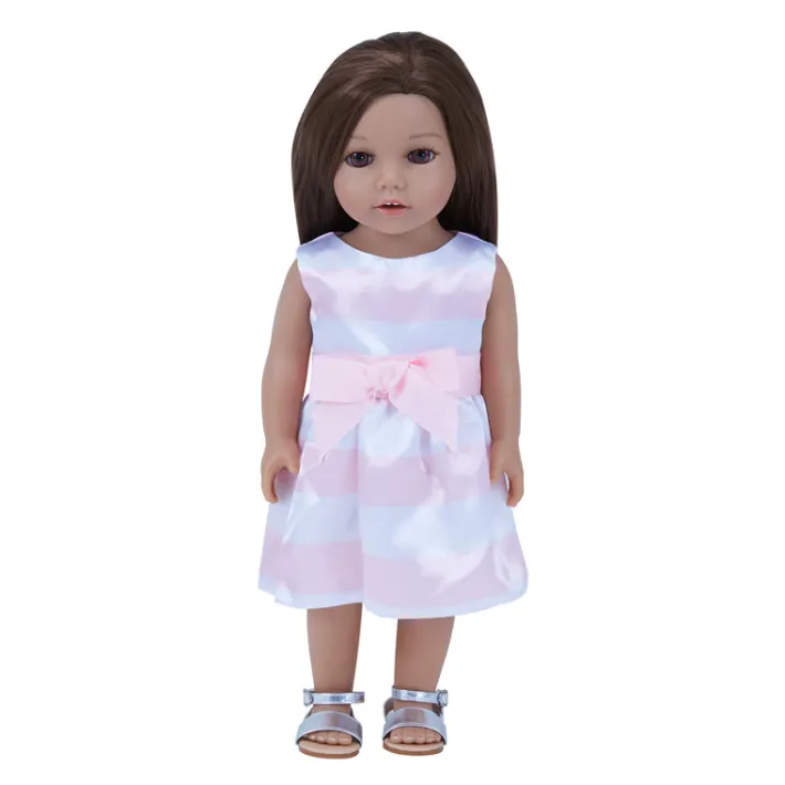 Kids Teamson Sophia's Stripe Satin Party Dress with Silver Sandals for 18" Dolls, Pink/White- FINAL SALE