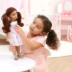 Kids Teamson Sophia's Stripe Satin Party Dress with Silver Sandals for 18