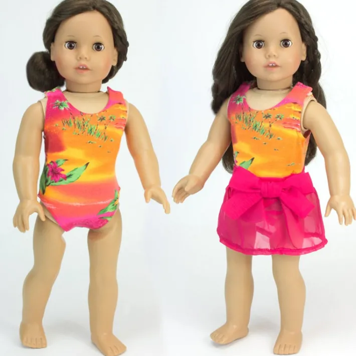 Kids Teamson Sophia’s Sunset Design Bathing Suit and Sarong Cover-Up Skirt for 18” Dolls, Orange/Hot Pink