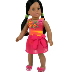 Kids Teamson Sophia’s Sunset Design Bathing Suit and Sarong Cover-Up Skirt for 18” Dolls, Orange/Hot Pink