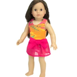 Kids Teamson Sophia’s Sunset Design Bathing Suit and Sarong Cover-Up Skirt for 18” Dolls, Orange/Hot Pink