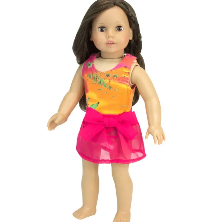 Kids Teamson Sophia’s Sunset Design Bathing Suit and Sarong Cover-Up Skirt for 18” Dolls, Orange/Hot Pink