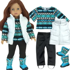 Kids Teamson Sophia’s Teal & Black Ikat Print Sweater and Matching Boots, Black Leggings, and Puffy White Vest