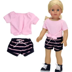 Kids Teamson Sophia's Tie Front Tee and Striped Shorts for 18" Dolls, Pink/Navy- FINAL SALE