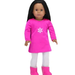 Kids Teamson Sophia's Tunic Dress, Shaggy Faux Fur Vest, Leggings, and Booties for 18"Dolls, Hot Pink/Silver/White- FINAL SALE