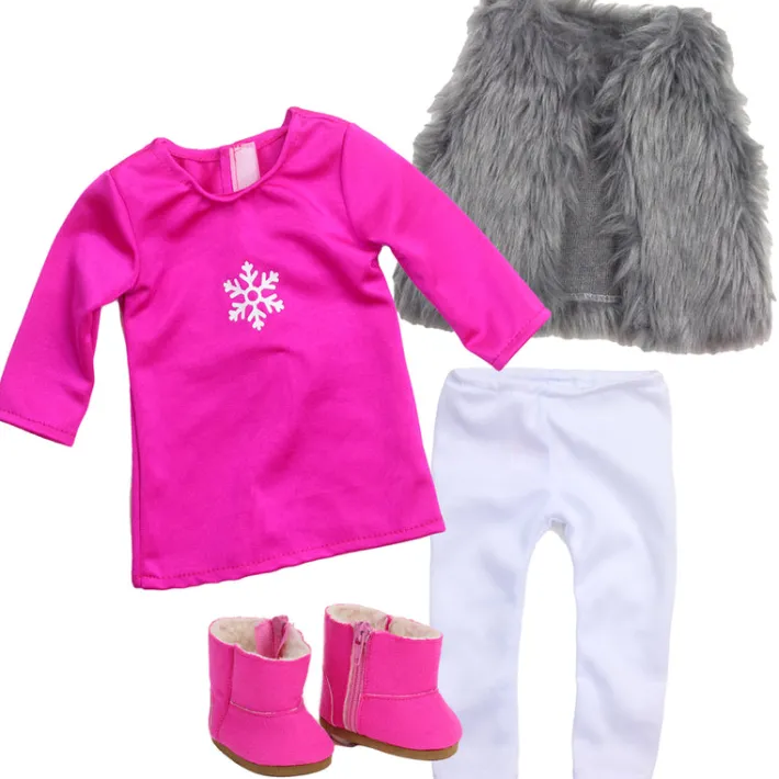 Kids Teamson Sophia's Tunic Dress, Shaggy Faux Fur Vest, Leggings, and Booties for 18"Dolls, Hot Pink/Silver/White- FINAL SALE