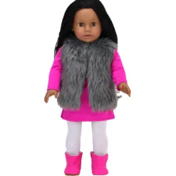 Kids Teamson Sophia's Tunic Dress, Shaggy Faux Fur Vest, Leggings, and Booties for 18