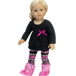 Kids Teamson Sophia's Tunic, Ikat Print Leggings, and Faux Fur Boots for 18" Dolls, Pink/White/Black- FINAL SALE