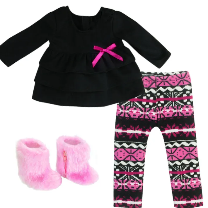 Kids Teamson Sophia's Tunic, Ikat Print Leggings, and Faux Fur Boots for 18" Dolls, Pink/White/Black- FINAL SALE