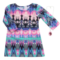 Kids Teamson Sophia’s Watercolor Ikat Print Jersey Dress with Pink Rhinestone Pendant for 18” Dolls, Multi