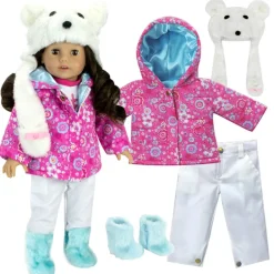Kids Teamson Sophia's Winter Parka, Snow Pants, Bear Hat and Fuzzy Boots for 18" Dolls, Pink/White/Blue- FINAL SALE