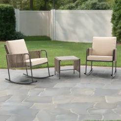 Teamson Steel Frame Rocking Chair Conversation Set with Rope Accent Outdoor Furniture