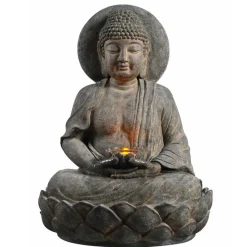 Teamson Home 28.35" Buddha LED Outdoor Water Fountain, Rustic Gray
