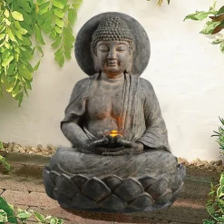 Teamson Home 28.35" Buddha LED Outdoor Water Fountain, Rustic Gray