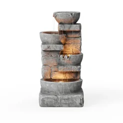 Teamson Home 33.25" Cascading Bowls & Stacked Stones LED Outdoor Water Fountain, Gray