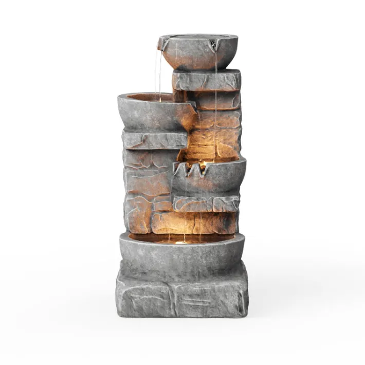 Teamson Home 33.25" Cascading Bowls & Stacked Stones LED Outdoor Water Fountain, Gray