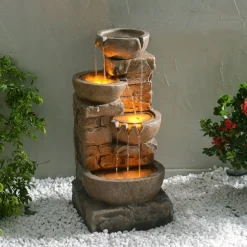 Teamson Home 33.27" Cascading Bowls & Stacked Stones LED Water Fountain, Brown